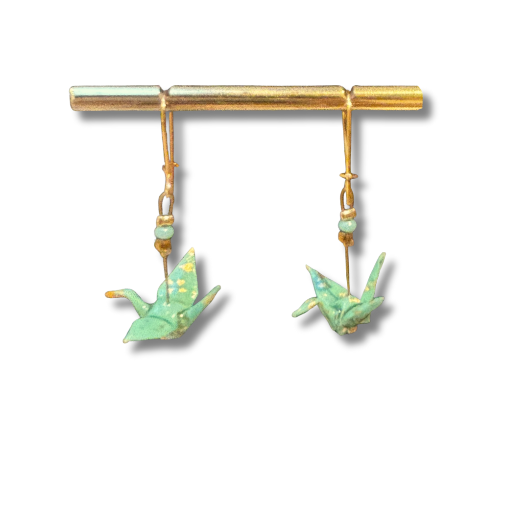 Boucles d'oreilles origami - grue verte
