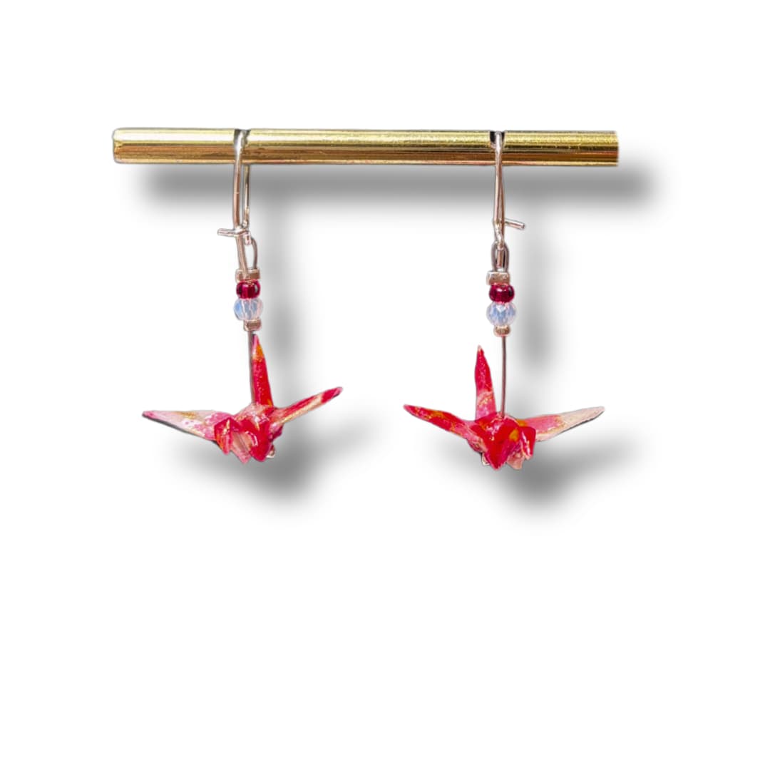 Boucles d'oreilles origami - grue rouge