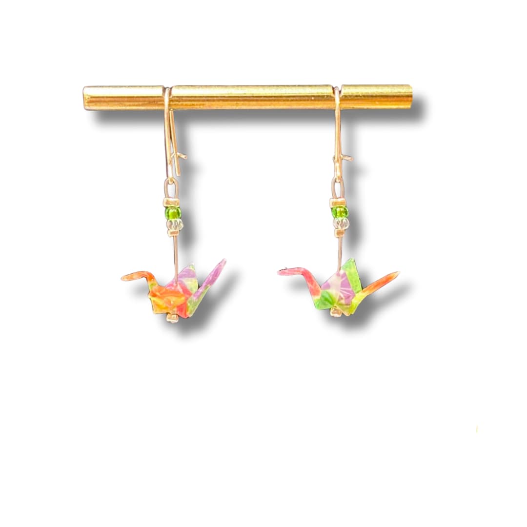 Boucles d'oreilles origami - grue multicolore