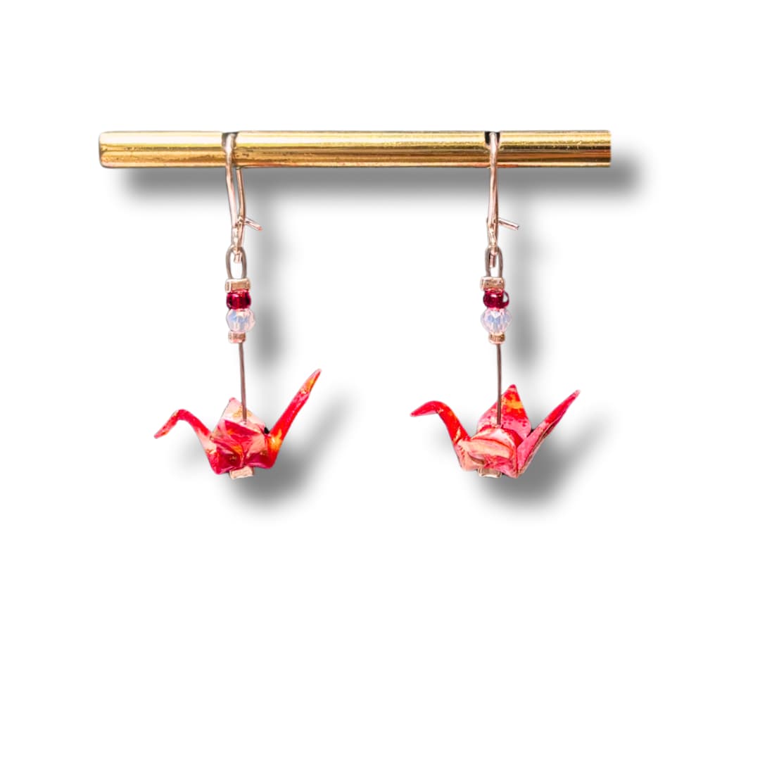 Boucles d'oreilles origami - grue rouge