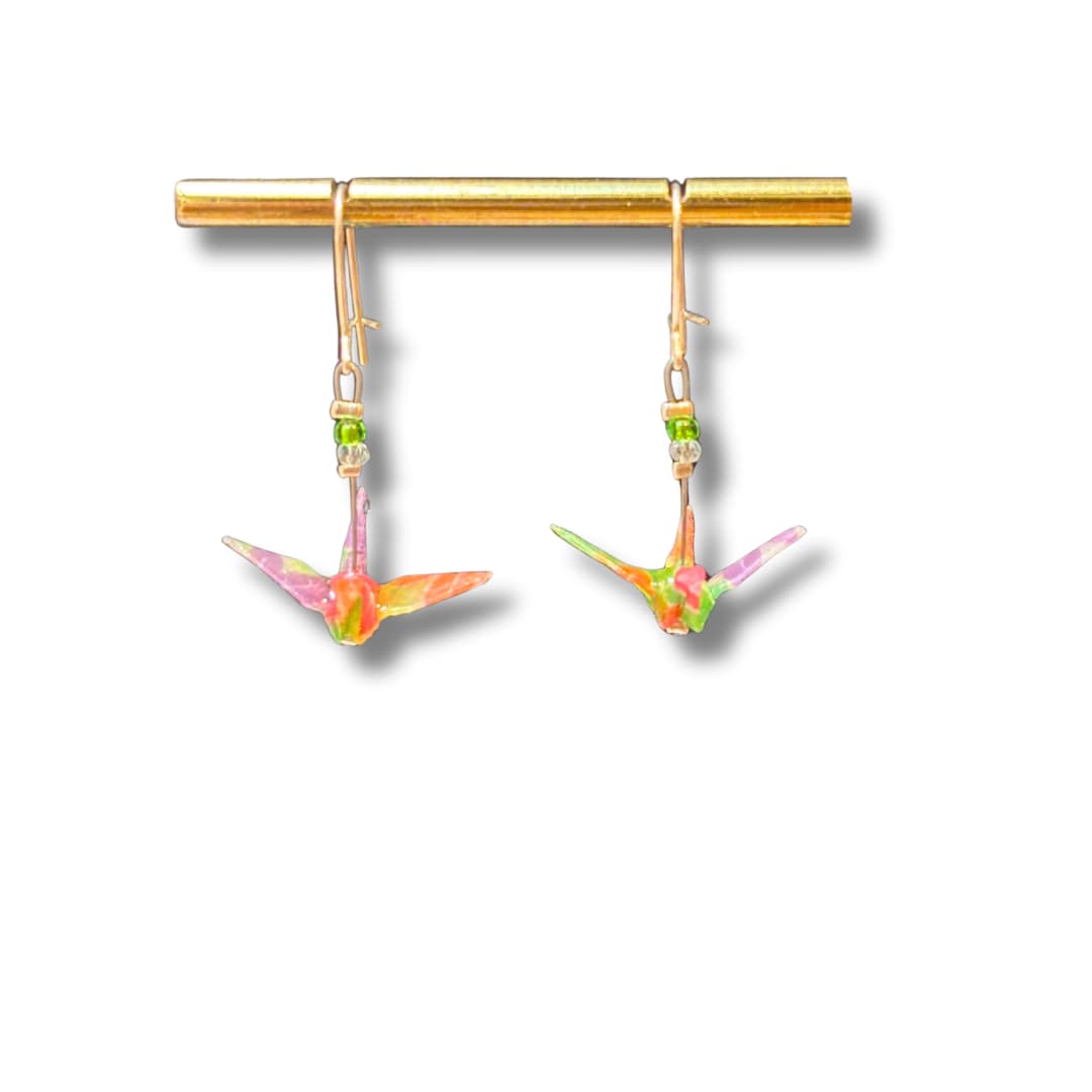 Boucles d'oreilles origami - grue multicolore