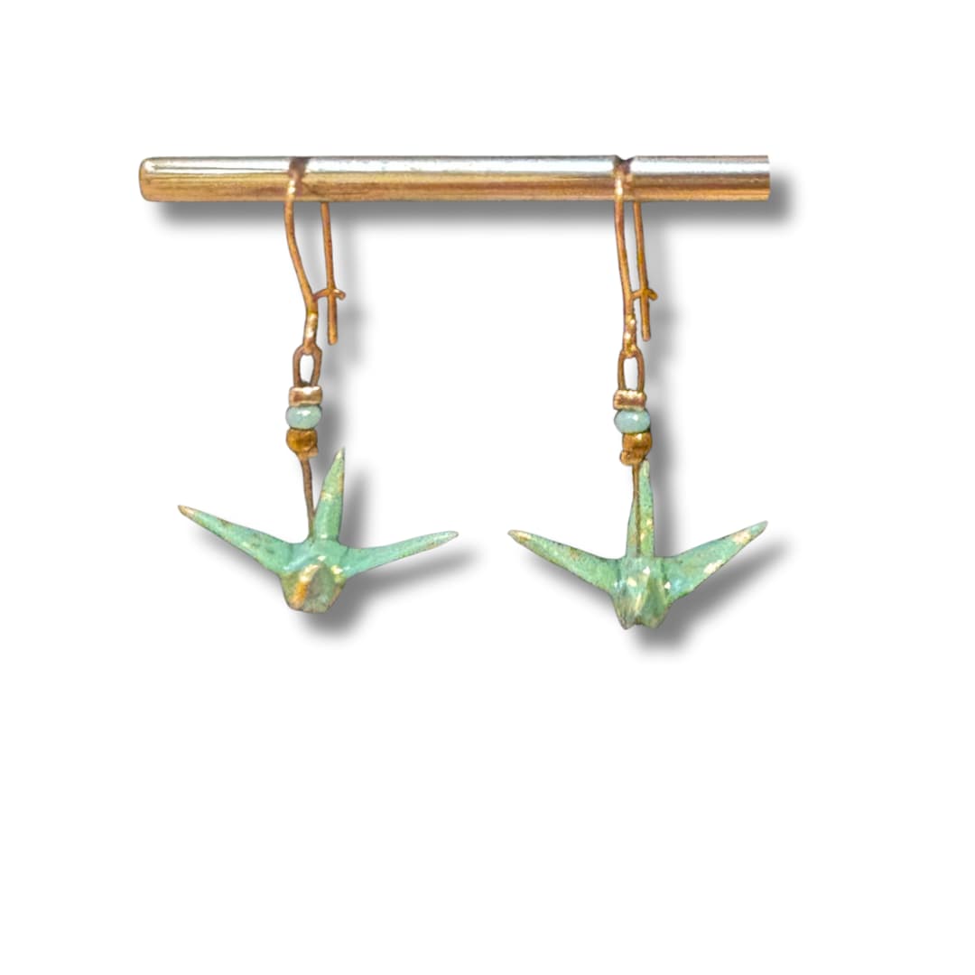 Boucles d'oreilles origami - grue verte